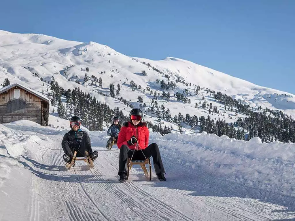 Sledging with the mountains in the background