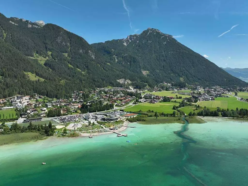 View across the Achensee atoll with the mountains in the background